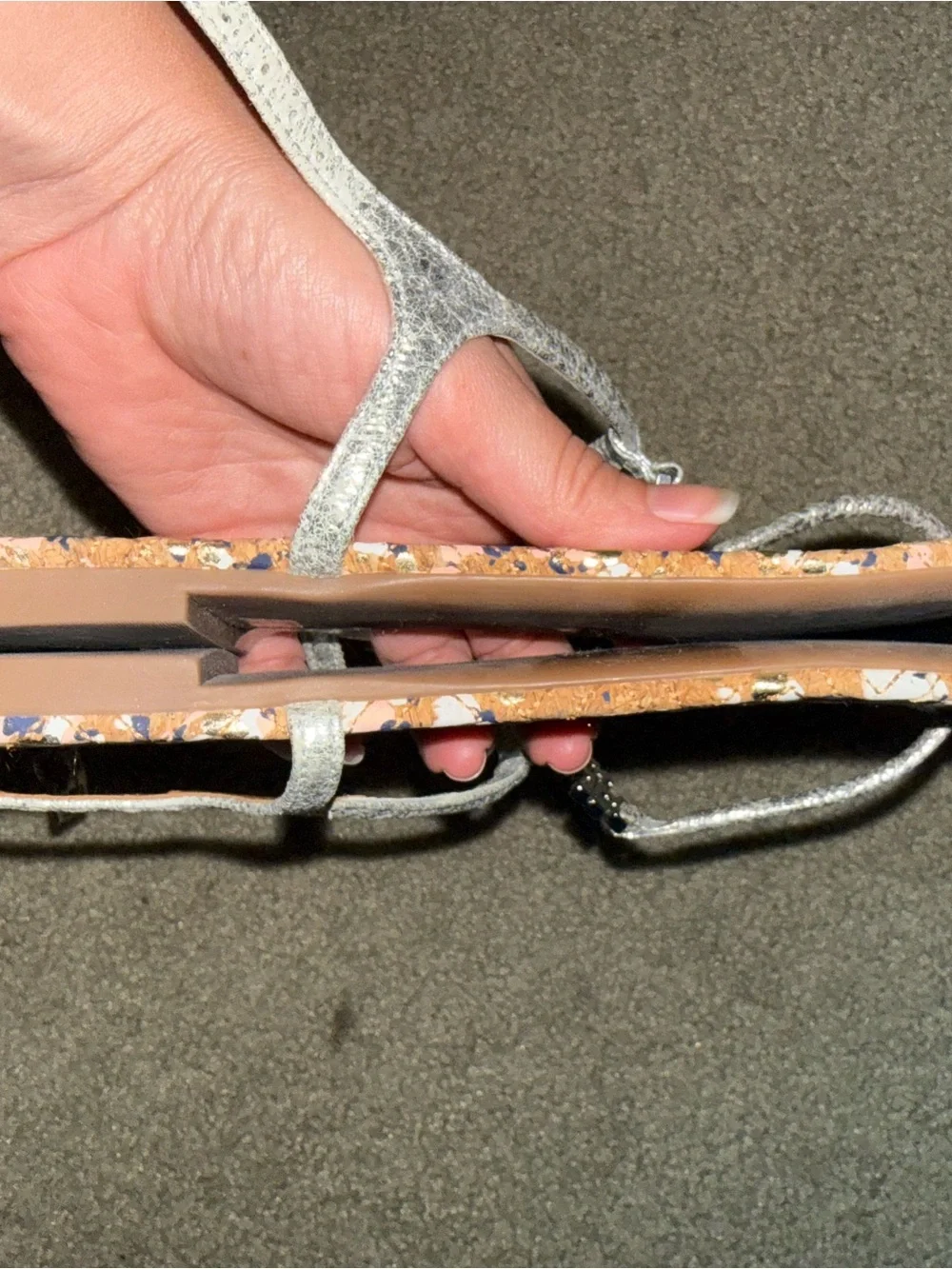Tory Burch Rose Gold Metallic T-Strap Sandals with Multicolor Cork Insole